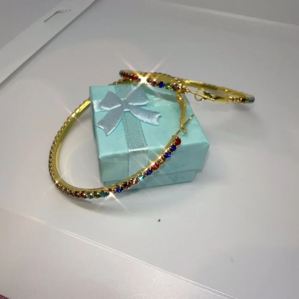 Crystal Hoop Earrings Gold Tone Multicolor Fashion Jewelry - Picture 6 of 7